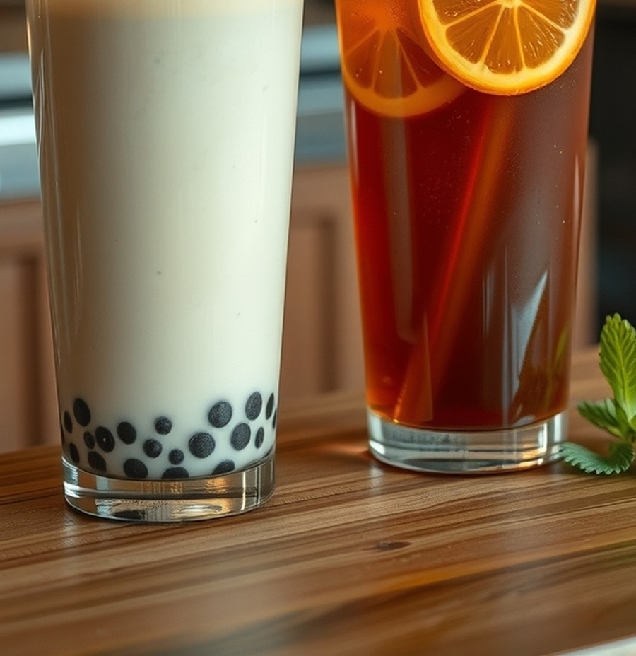 Dua gelas minuman: boba susu dan teh jeruk