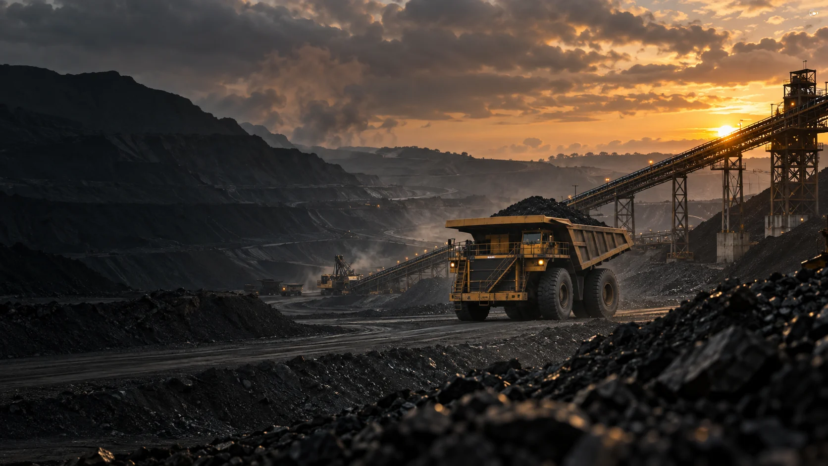 Coal mine at sunset with a haul truck and conveyor, AI-generated visualization