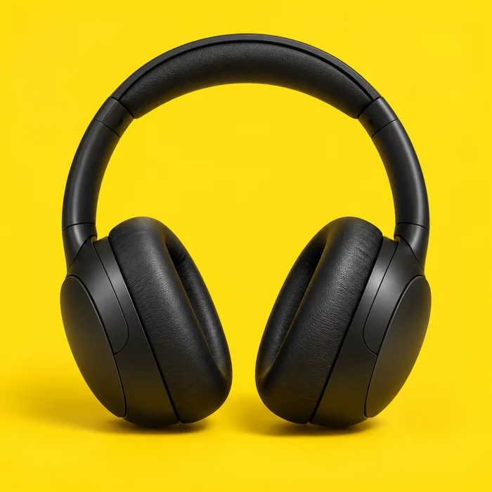 Headphone hitam pada latar kuning