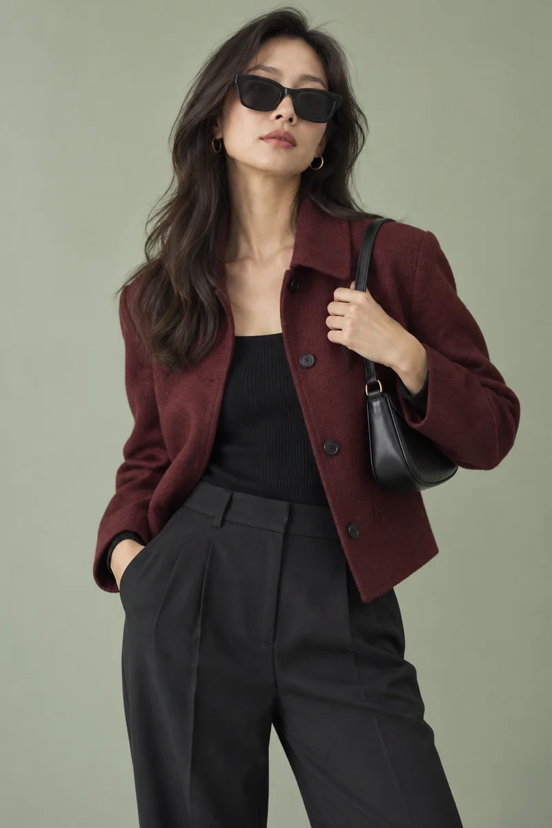 Inspirasi gaya dengan jaket burgundy dan sunglasses
